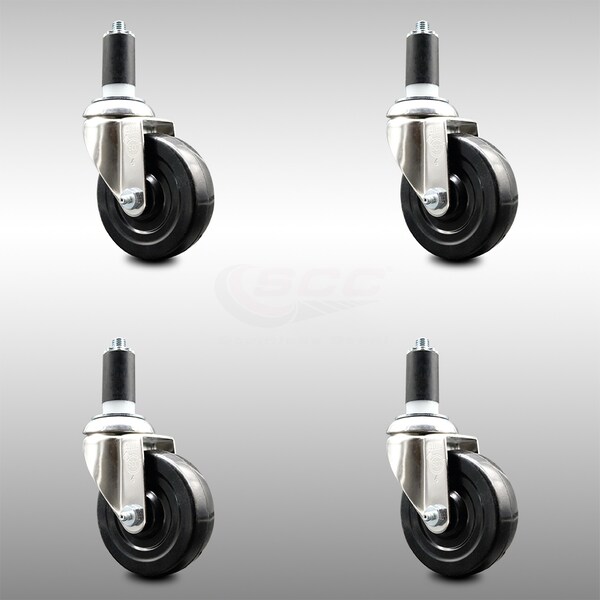 4 Inch 316SS Soft Rubber Wheel Swivel 1-1/4 Inch Expanding Stem Caster Set SCC